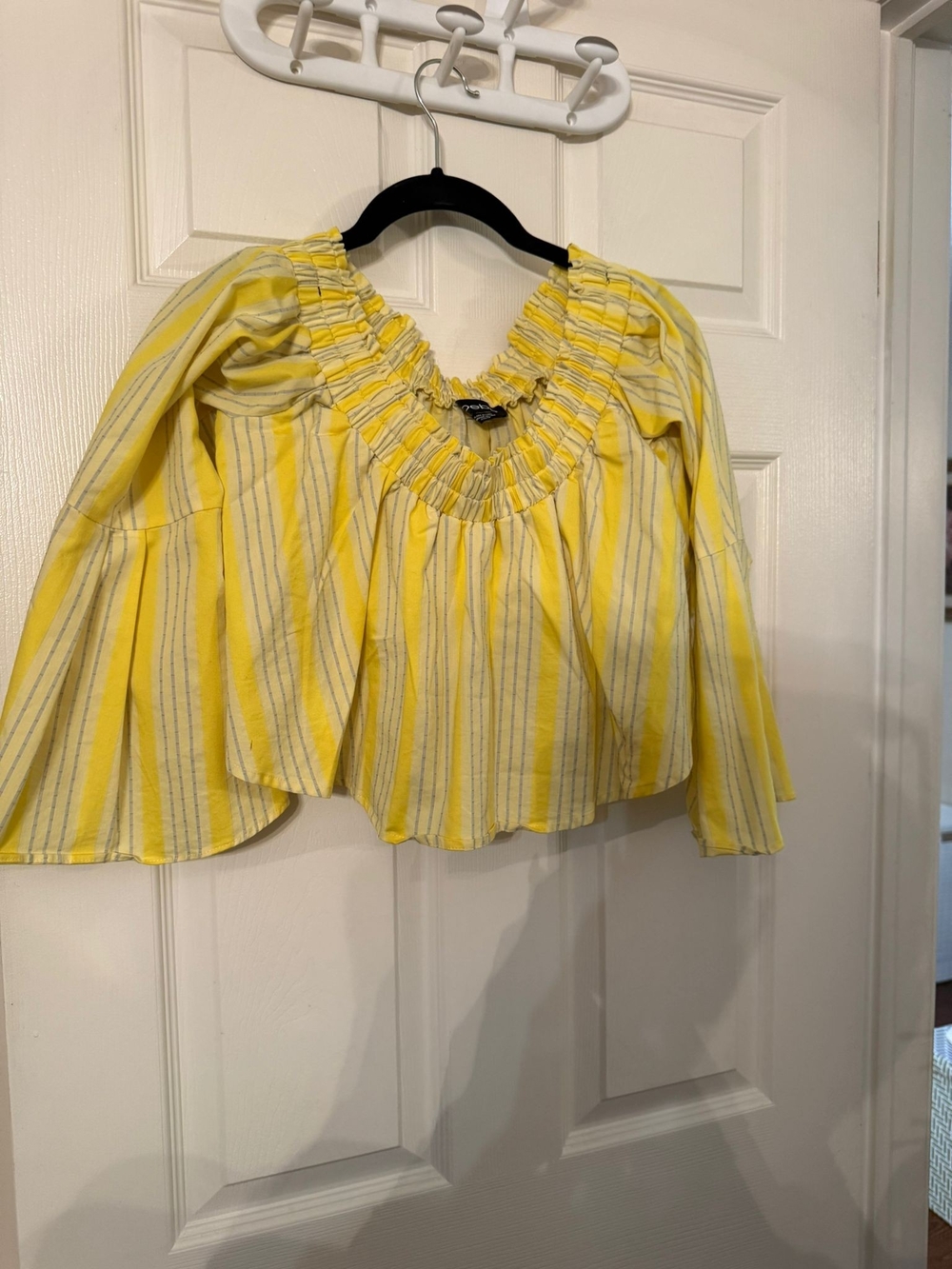 bebe Yellow Striped Smocked Peasant Blouse